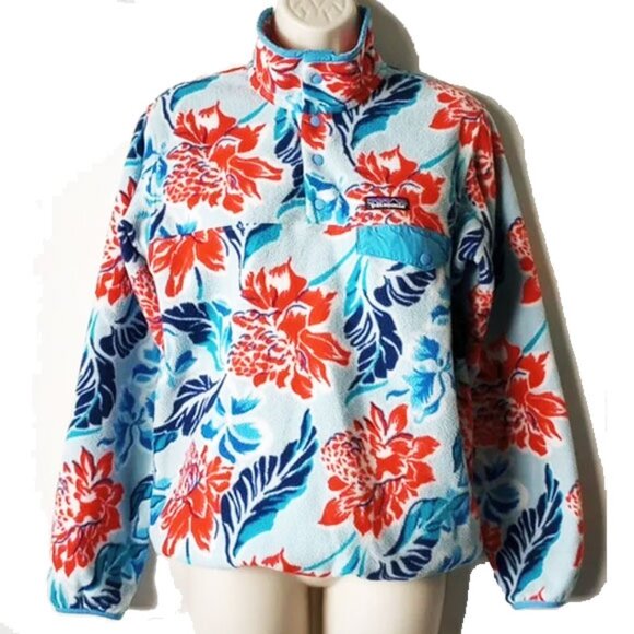 Patagonia Synchilla Snap T Pullover Top S Hawaiian Manoa Dusk White Blue Floral - Picture 2 of 8